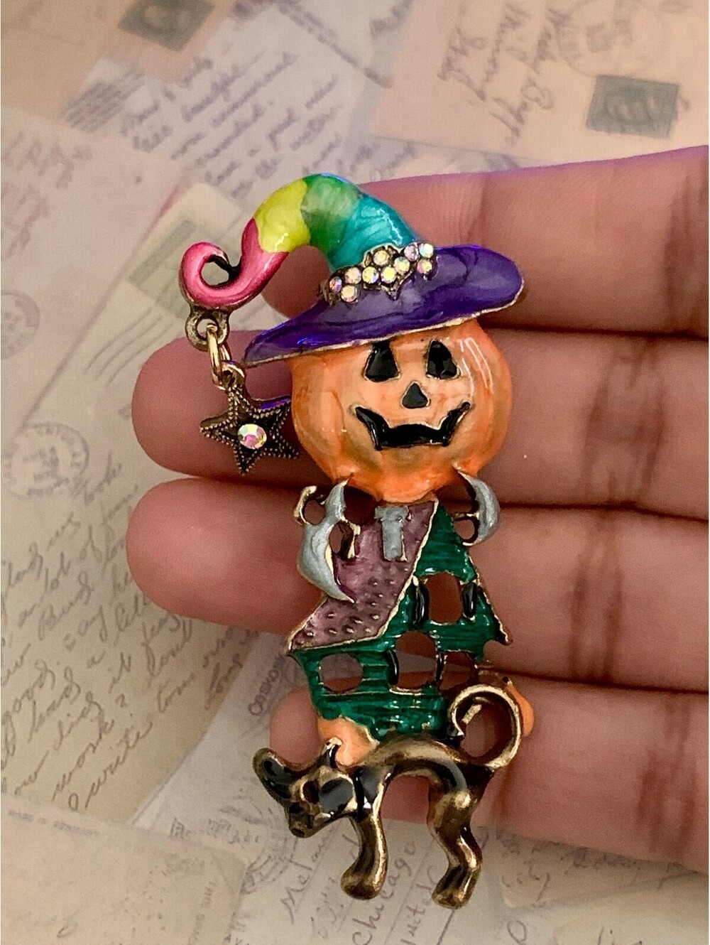 Colorful Enamel Halloween Pumpkin Witch Haunted House Cat Brooch Pin - Picture 4 of 4